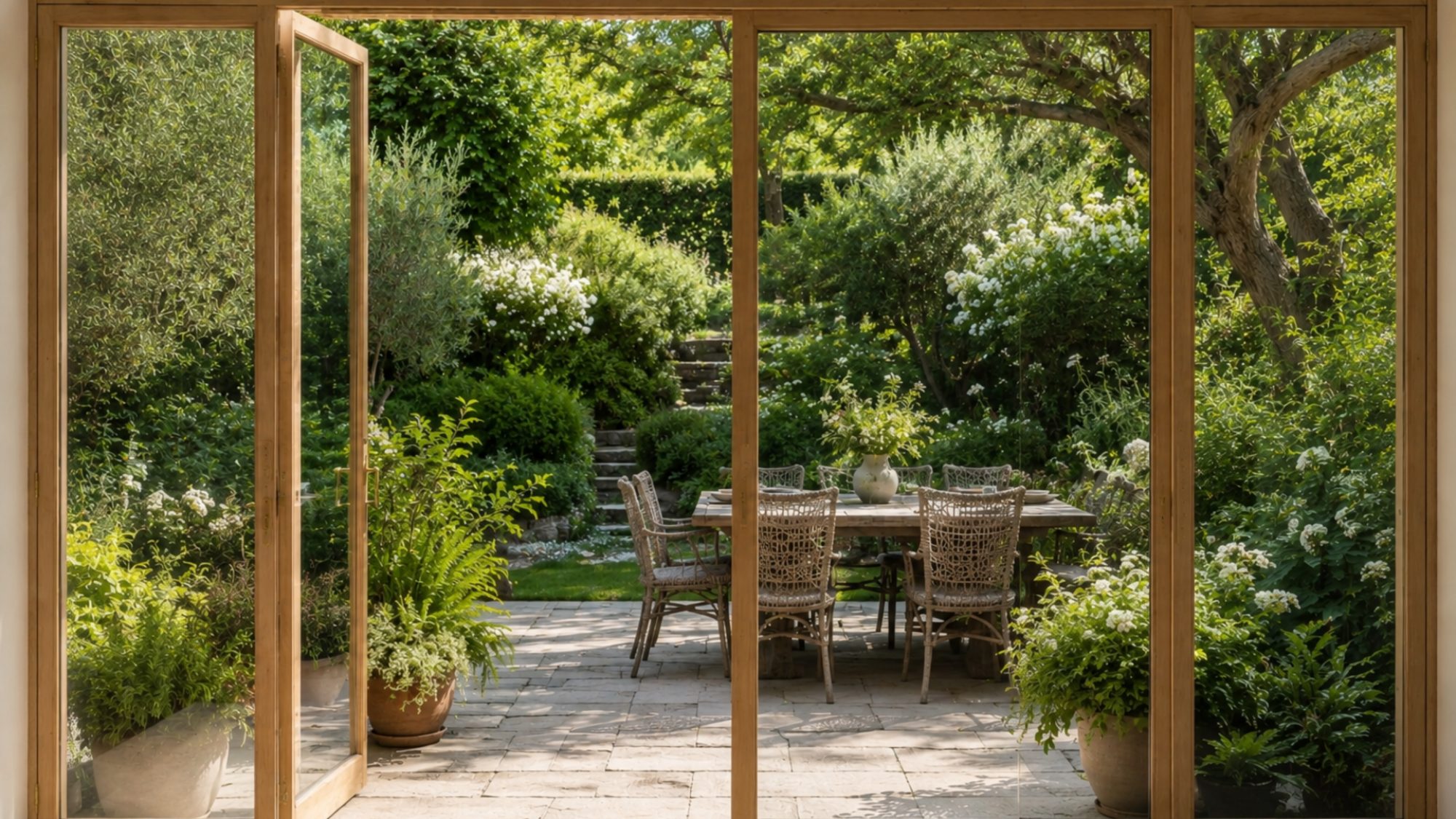 French doors open from a calm interior onto a sunlit garden patio — olive trees, white blossoms, woven chairs, and a long wooden dining table. The threshold between built and natural environments.